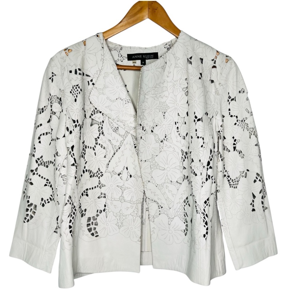 Anne Klein White Laser-Cut Floral Leather Jacket